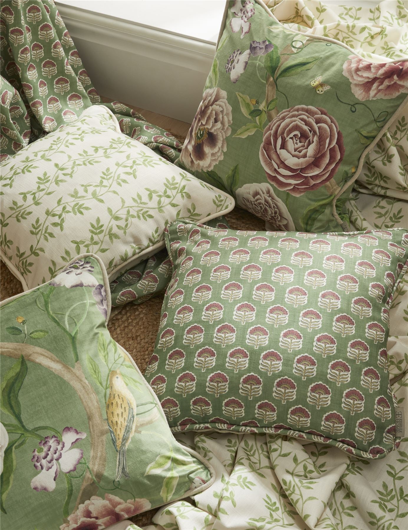 Wallington Floral Moss/Raspberry Cushion