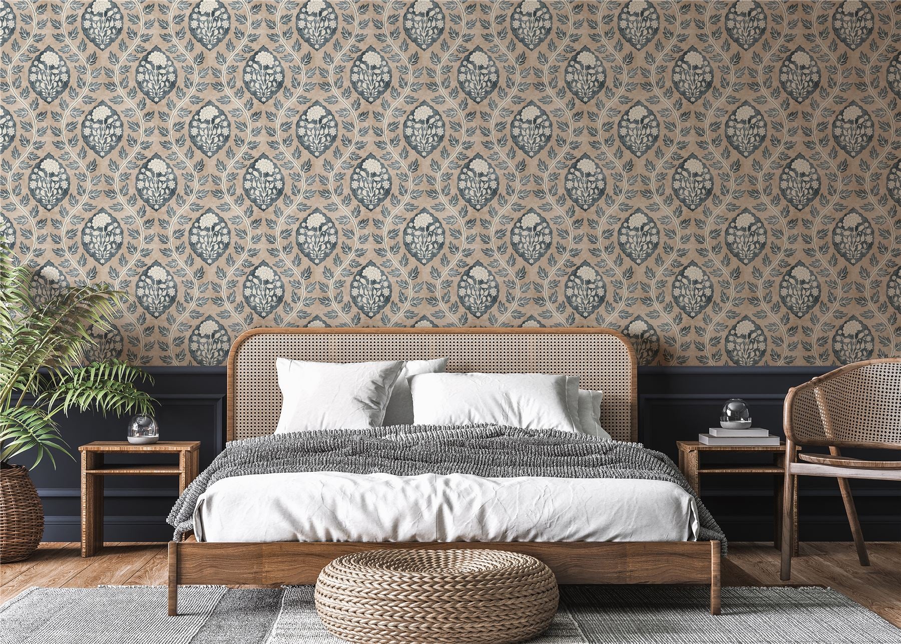 Floral Cartouche Stone Blue Wallpaper