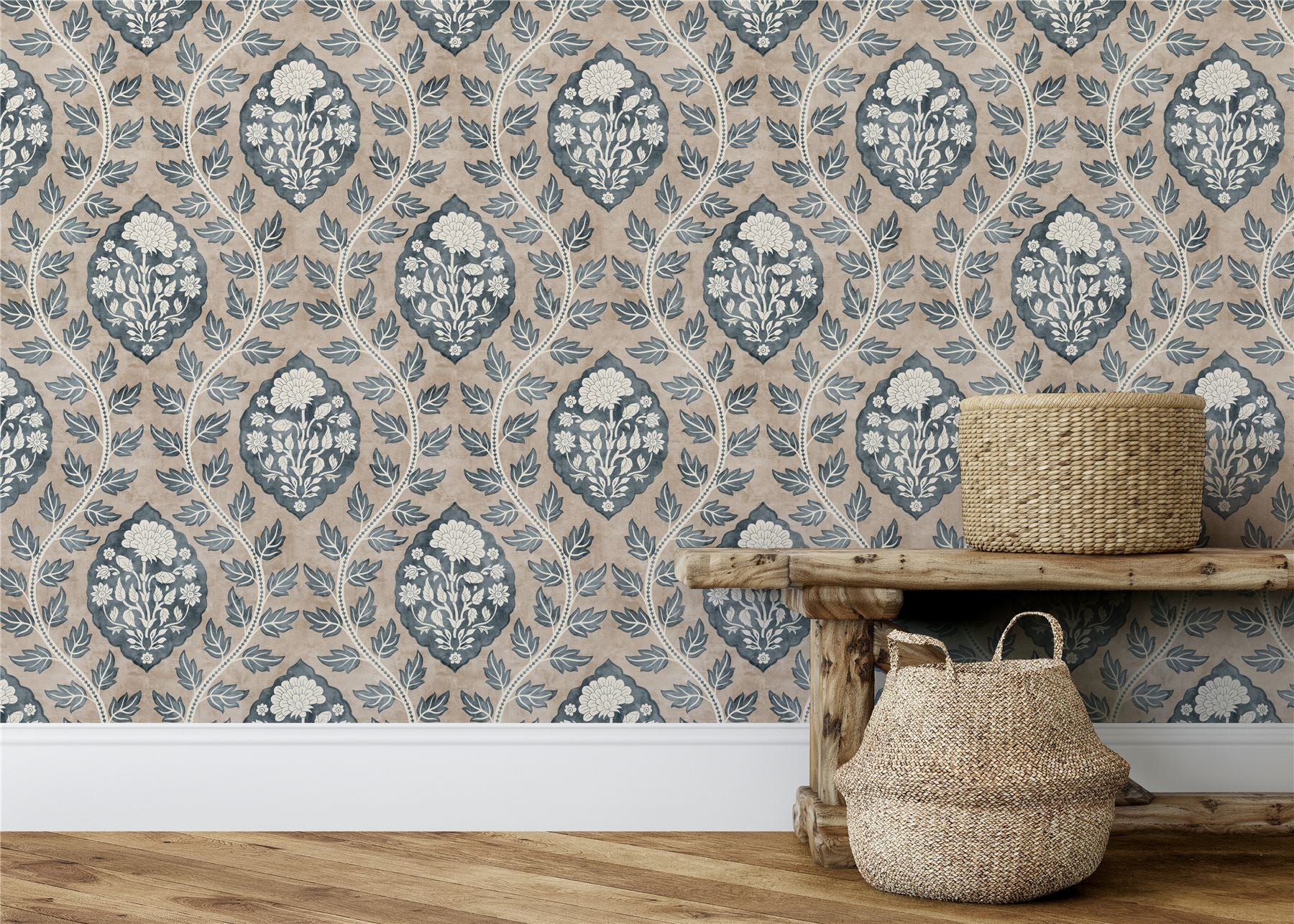 Floral Cartouche Stone Blue Wallpaper