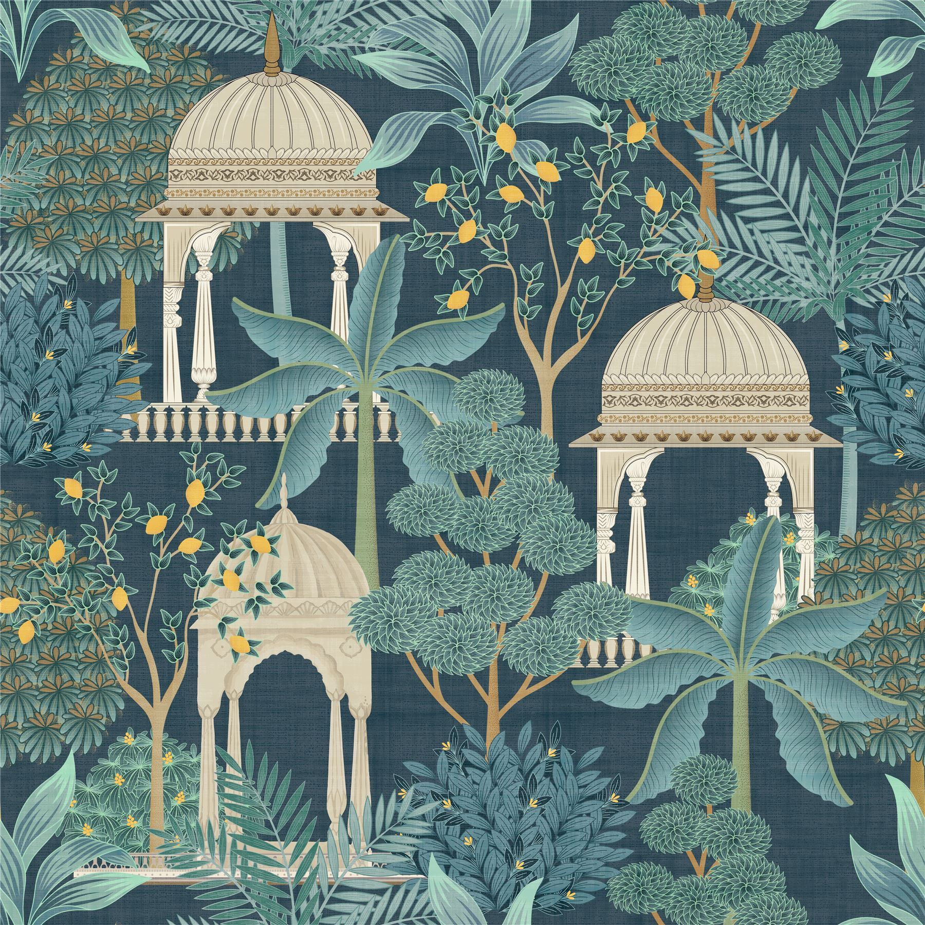 Exotic Pavilion Navy Wallpaper