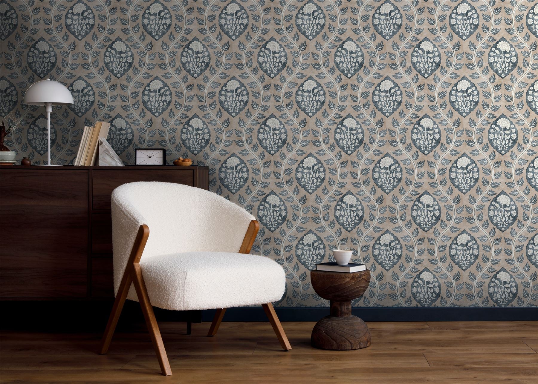 Floral Cartouche Stone Blue Wallpaper