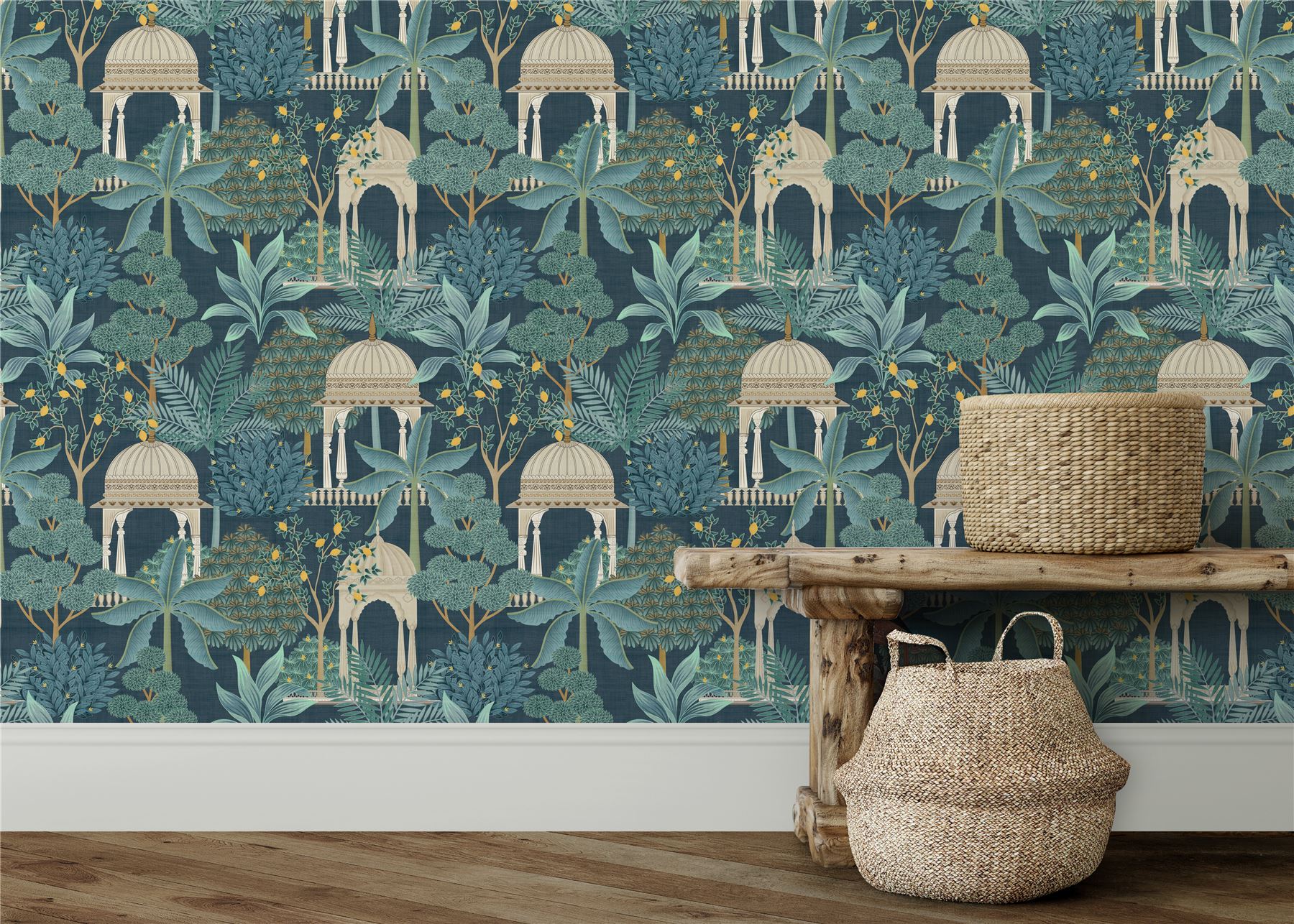 Exotic Pavilion Navy Wallpaper