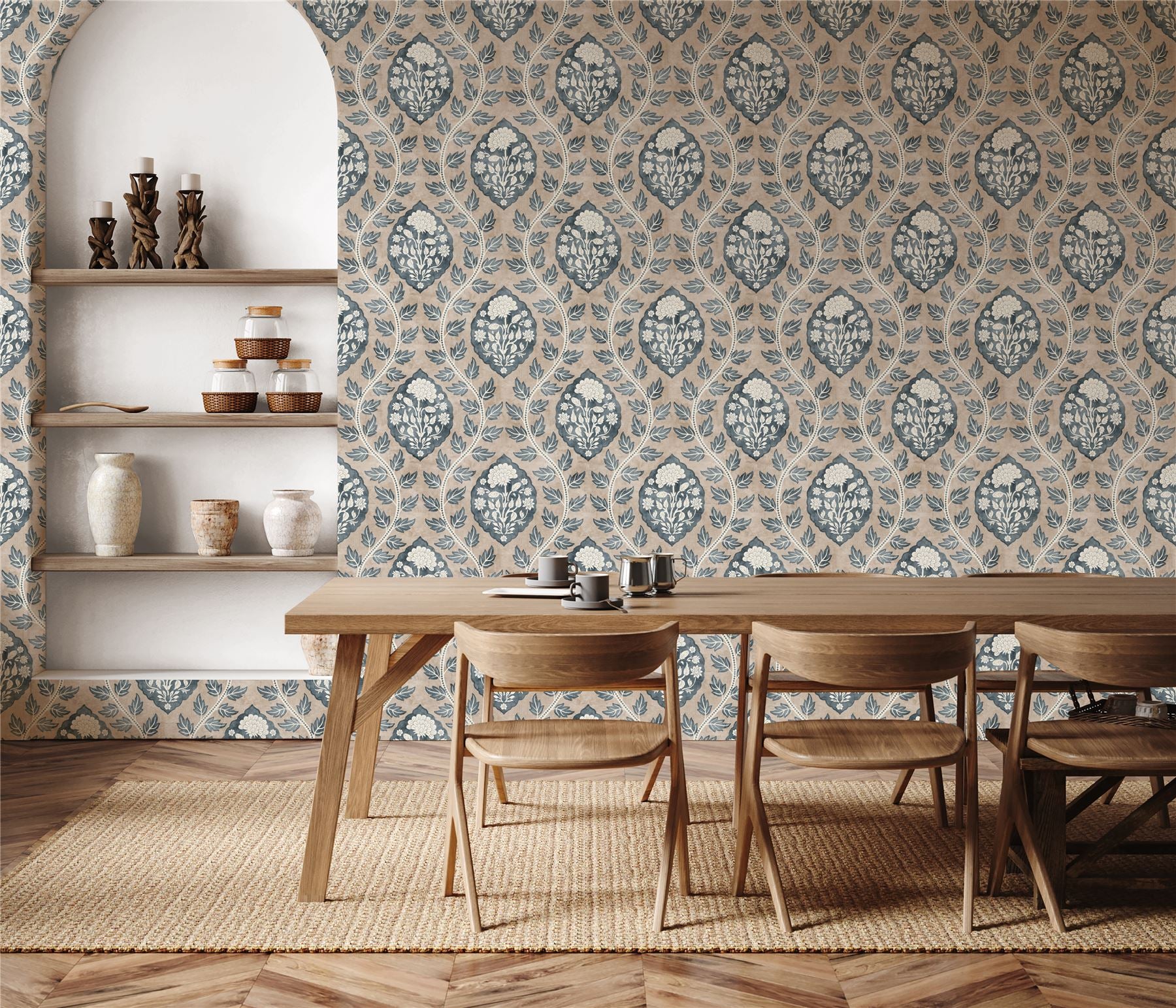 Floral Cartouche Stone Blue Wallpaper