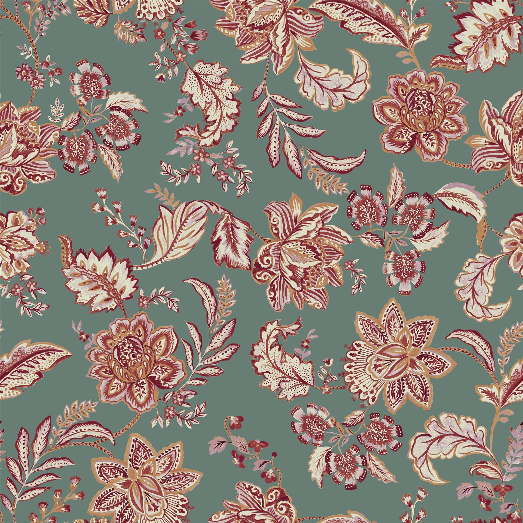 Kashmir Jacobean Teal/Raspberry Fabric Cut Length