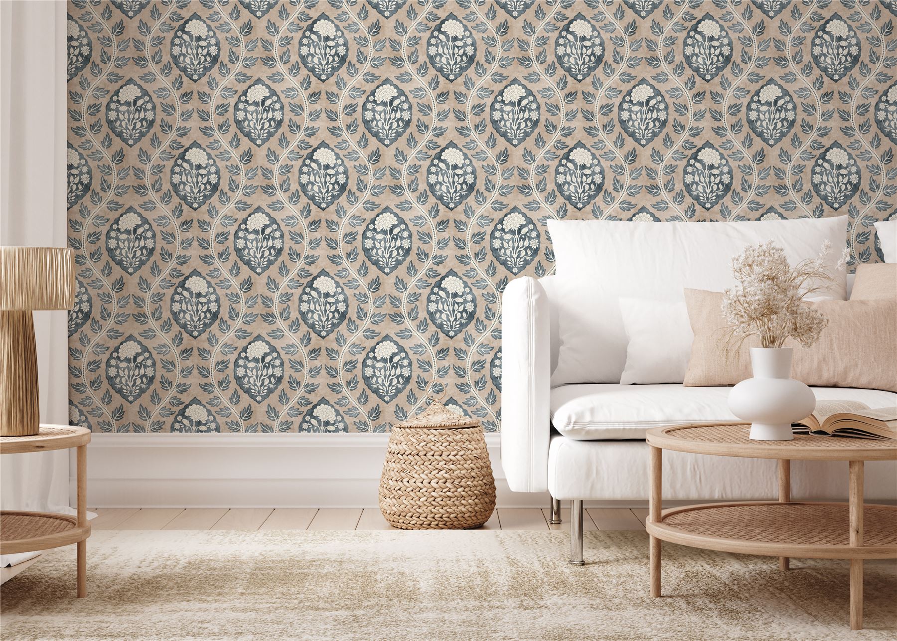 Floral Cartouche Stone Blue Wallpaper