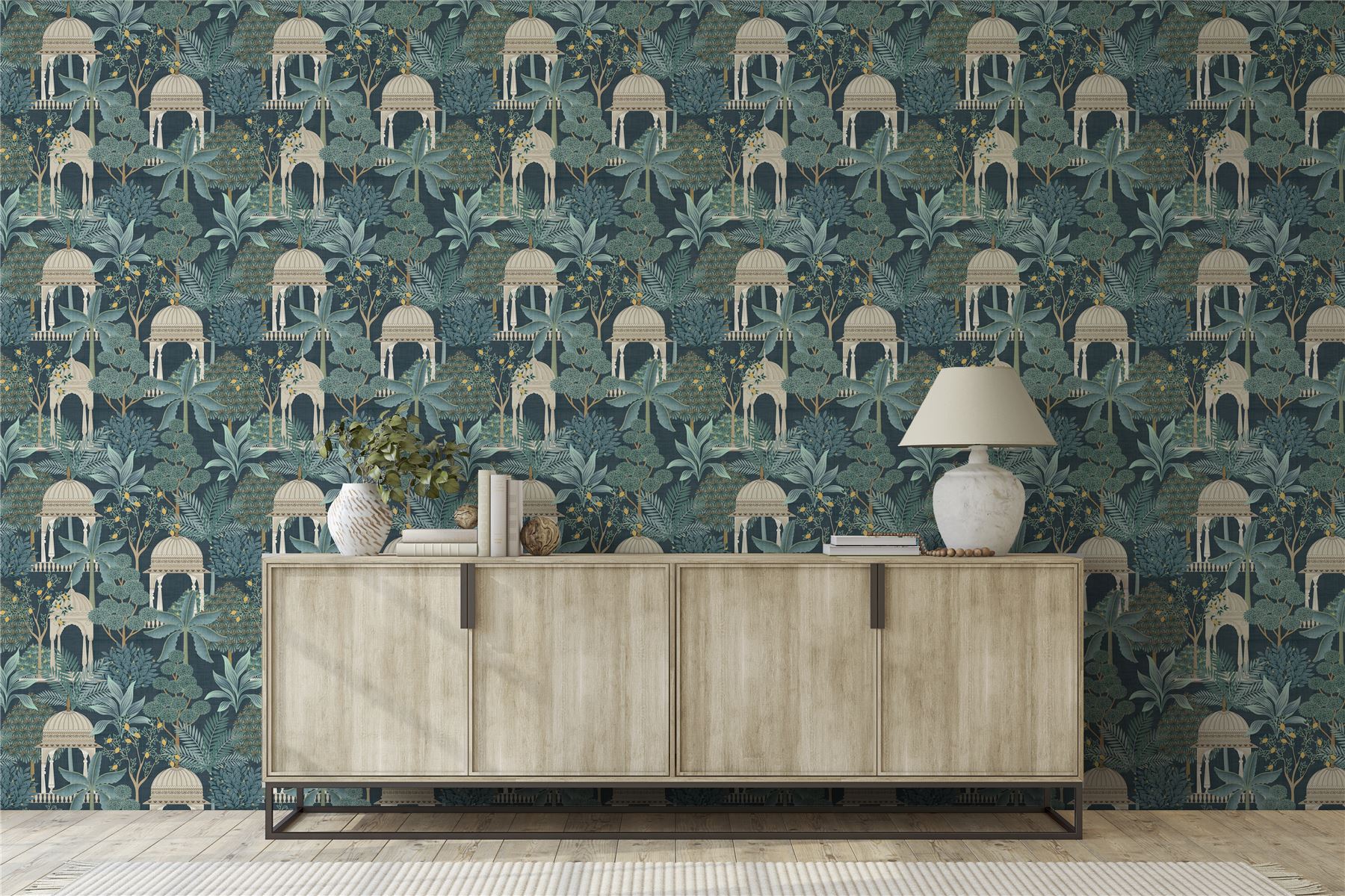 Exotic Pavilion Navy Wallpaper