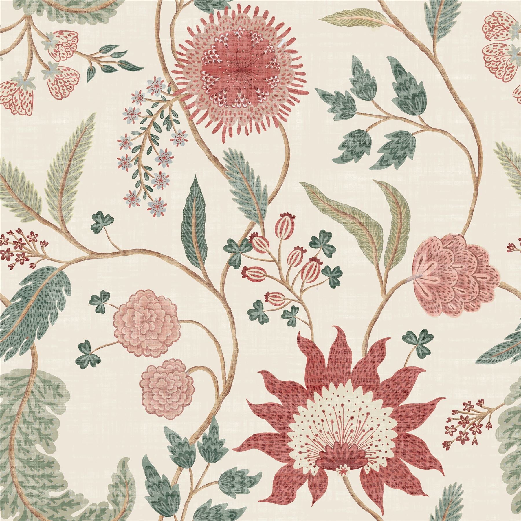 Fable Trail Linen/Raspberry/Green Wallpaper